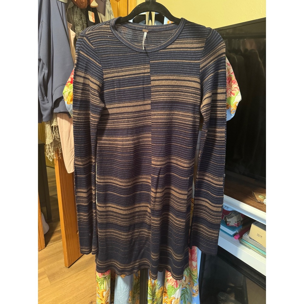 Free People Navy Bronze Metallic Striped Long Sleeve Mini Dress Tunic Small